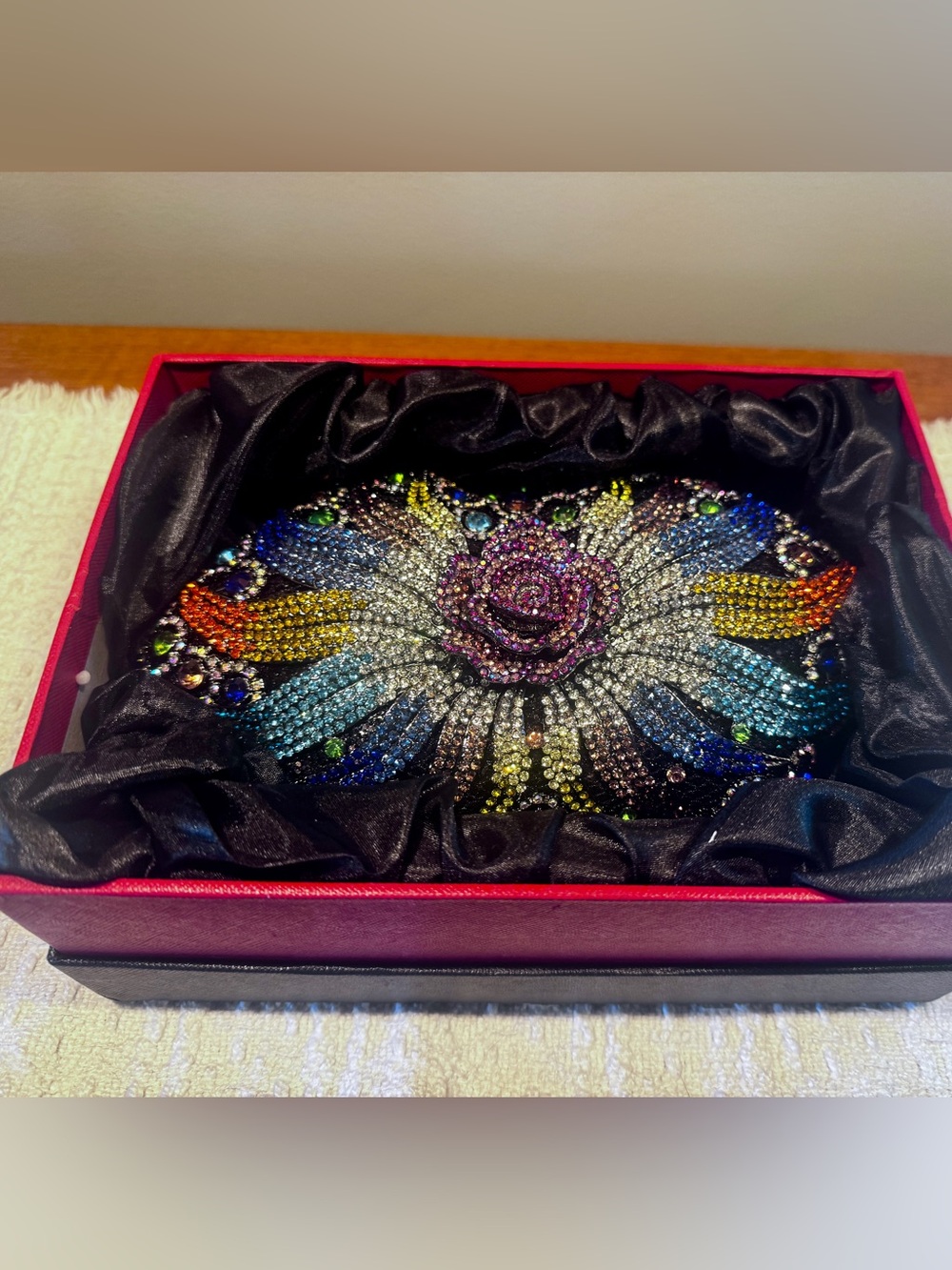 Crystal-Embellished Rose and Rainbow Color Vibrant sparkly Opera Clutch Bag